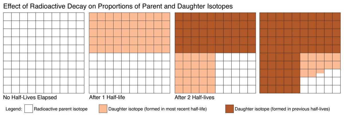Illustration of radioactive decay through time. Note that half of the existing parent isotopes decay during each half-life.