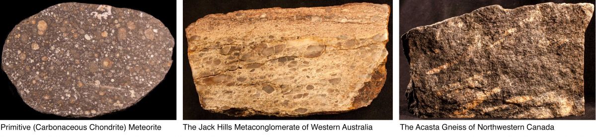 Photos of ancient rocks that help bracket Earth’s age. Left: A thumb-sized meteorite containing the ﬁrst materials to solidify from the collapsing globule that formed our Solar System. These white irregularly-shaped grains are 4.567 Bya. Middle: A ﬁst-sized specimen containing zircon crystals that formed 4.4 Bya in what is now western Australia. These crystals are Earth’s oldest known materials. Right: A hand-sized specimen of Earth’s oldest known rock body, which formed 4.01 Bya in what today is northwest Canada. 