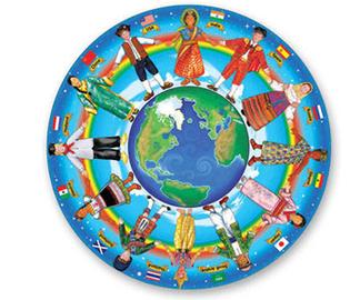 people of different cultures standing around a globe and holding hands.