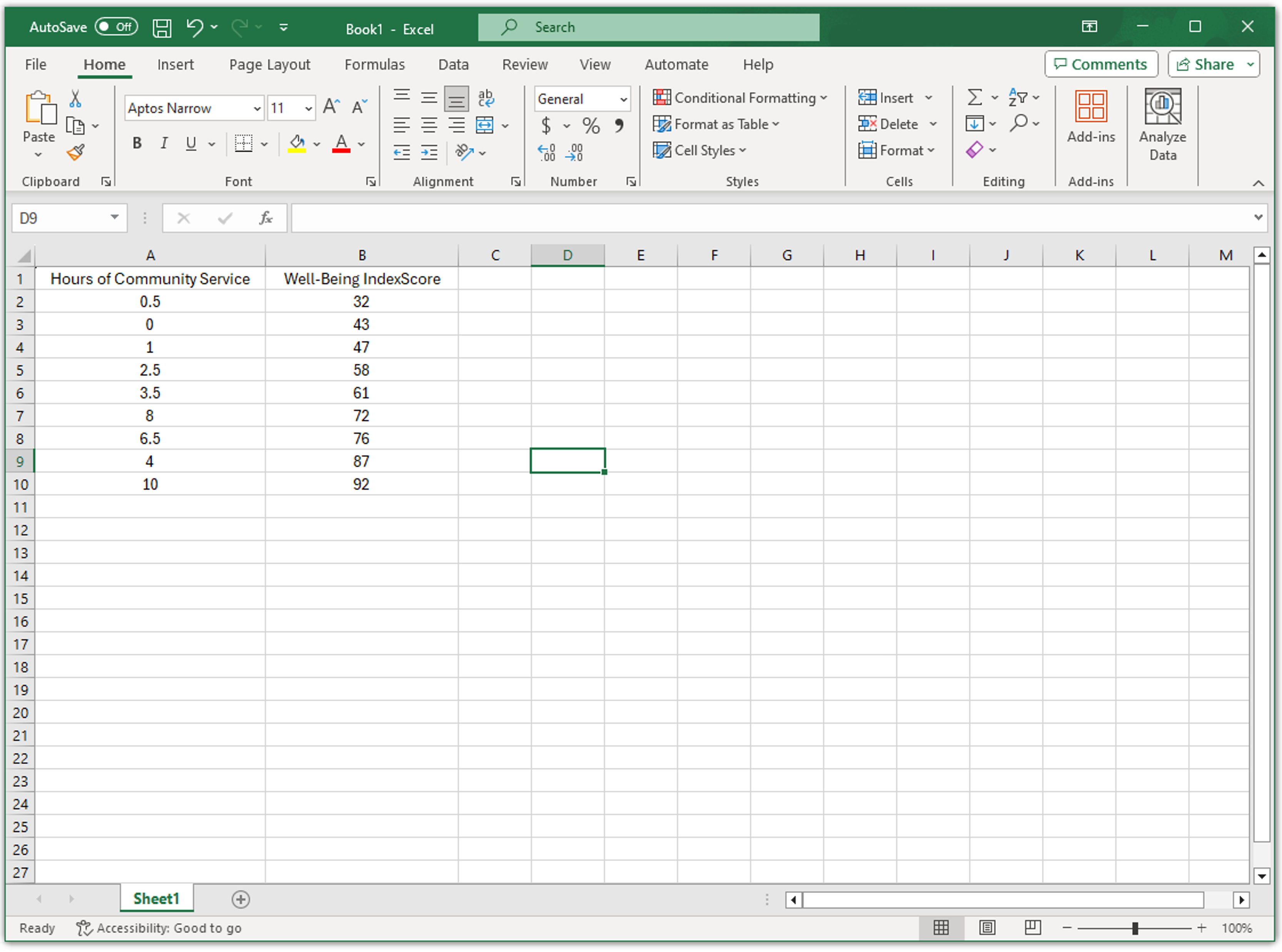 Create an Excel file that lists the input variable in the first column and the output variable in the second column.