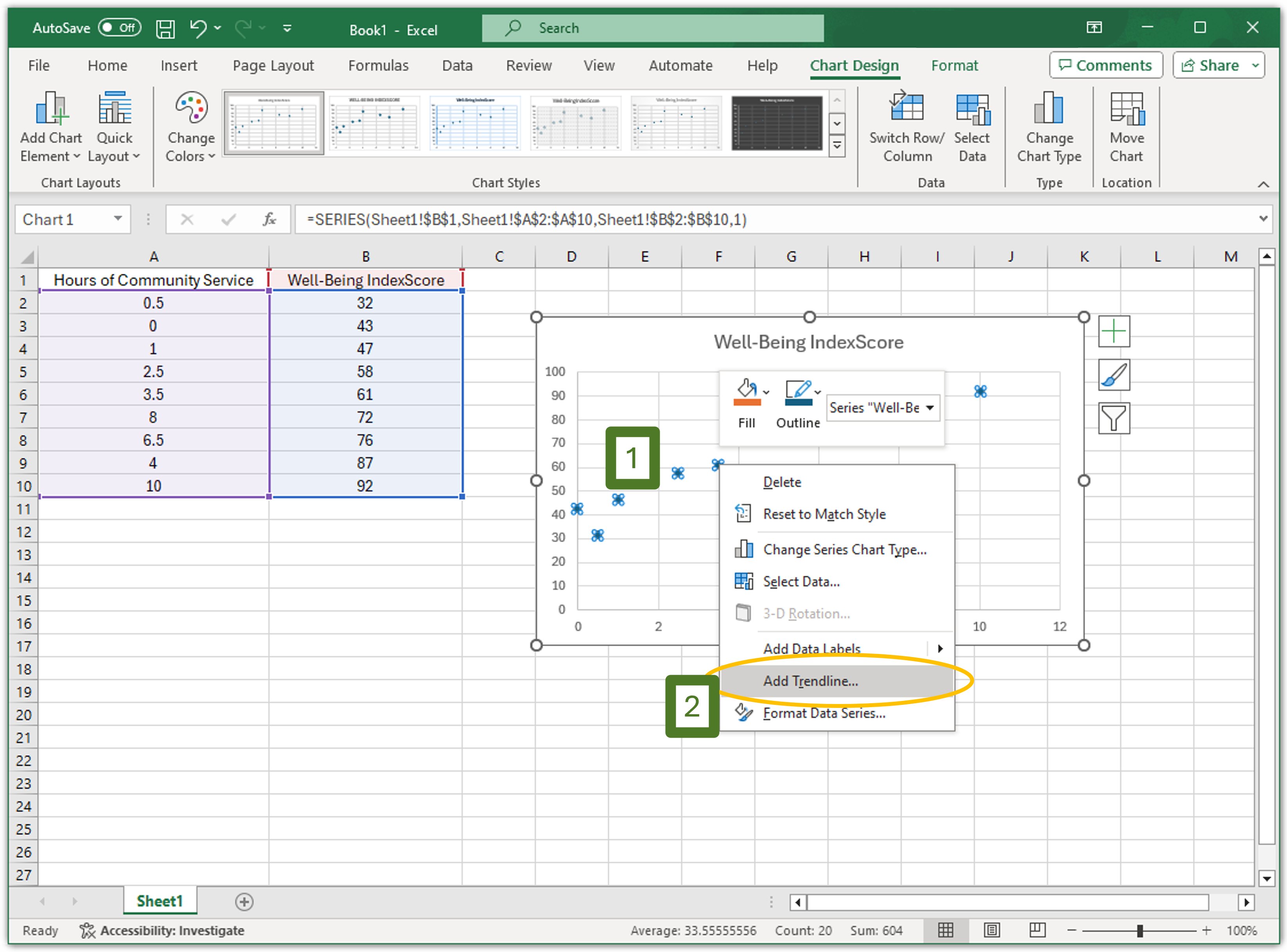 In an Excel spreadsheet, 1) right-click the scatterplot, 2) select "Add Trendline"