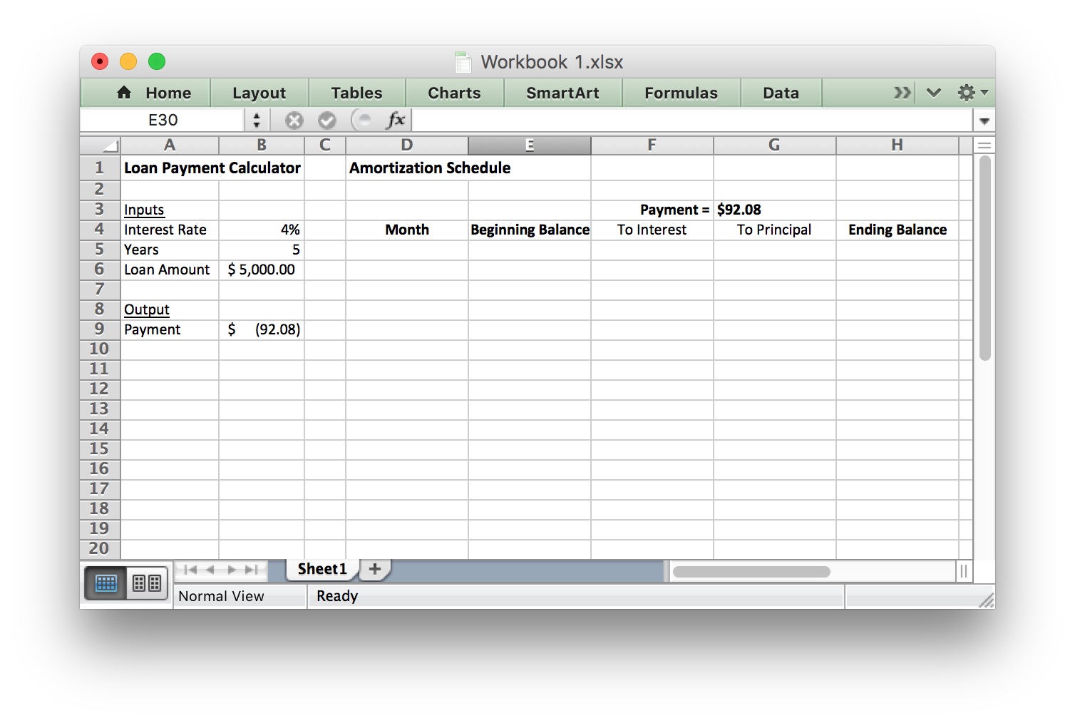 Excel spreadsheet from before with the following headings: month, beginning balance, to interest, to principal, ending balance.