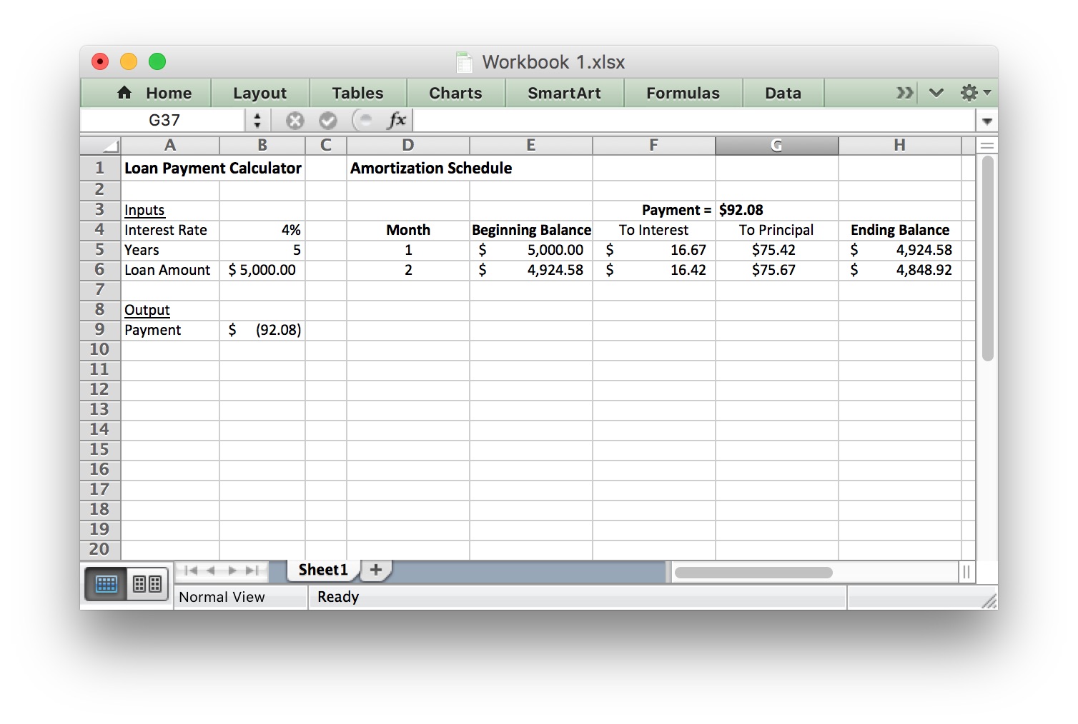 Excel sheet from before with month 2 filled in. The ending balance should be $4848.92.