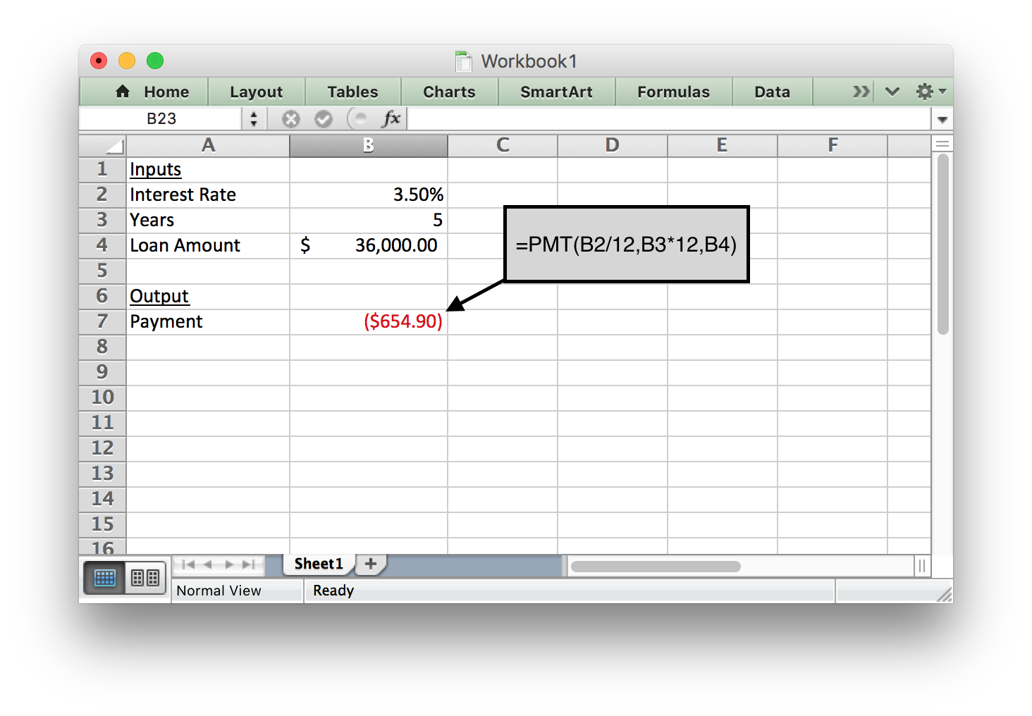 Excel spreadsheet showing the payment function. The PMT function is the same as the previous example.